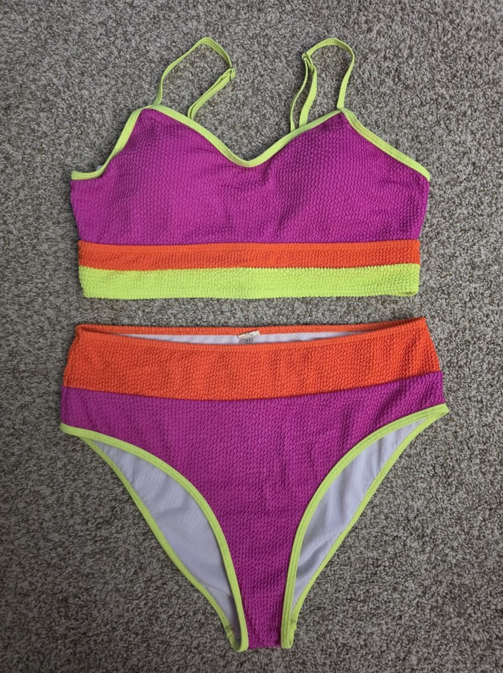 Shein Neon Colorblock Textured Bikini Set - Purple, Orange & Lime